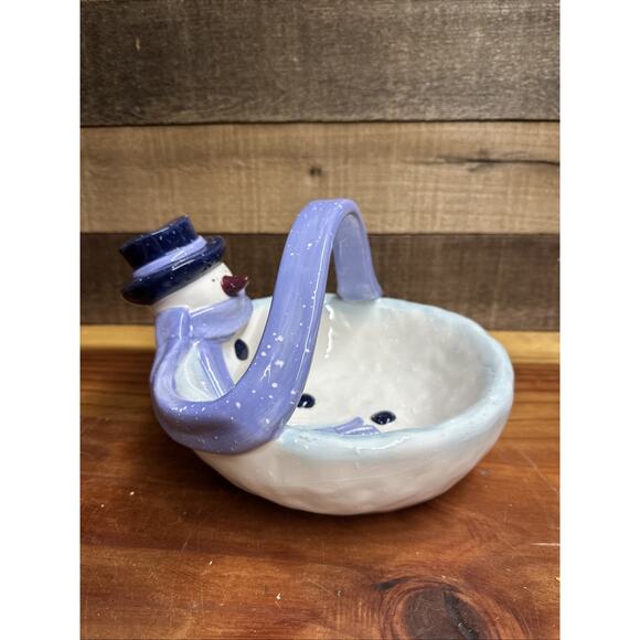 Ceramic Snowman Candy Dish With Blue Scarf Handle - Picture 5 of 6